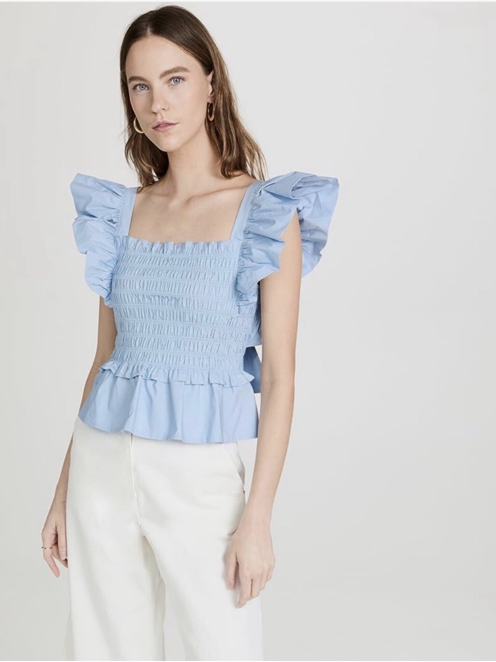 Sea New York Light Blue Smocked Peplum Top with Ruffle Sleeves
